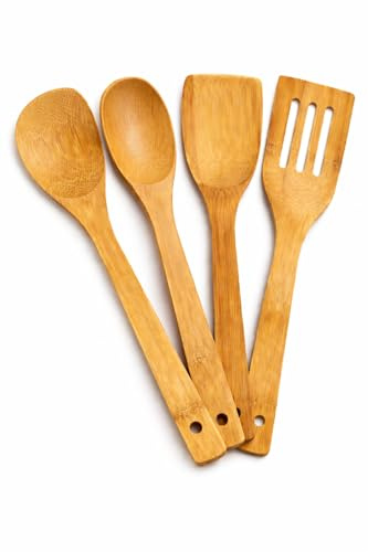 Set de Utensilios de Cocina de Bambú 4 Piezas – Cucharas de Madera Antiadherentes No Rayan – Espátulas Resistentes 30 cm – Utensilios Cocina Ecológicos y Duraderos