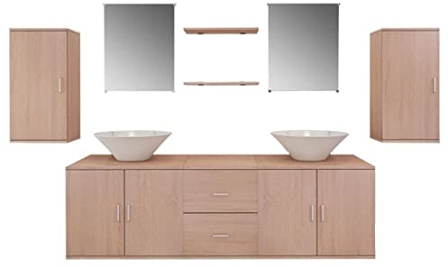 XHNIFBN 9-TLG. Badezimmermöbel-Set Beige aus Holzwerkstoff mit Doppelwaschtisch 150 x 45 cm und Keramik-Aufsatzwaschbecken 420 mm Modernes Design für kleine Bäder platzsparend