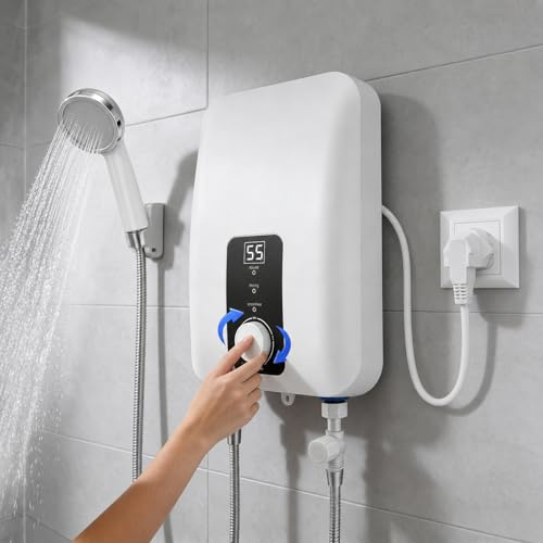 Mini chauffe-eau instantané, 5500W Chauffe-eau instantané sans réservoir, Mini stockage électrique chauffe-eau avec affichage LED de la température 30-55 °C, étanche IPX4 pour cuisine, salle de bain