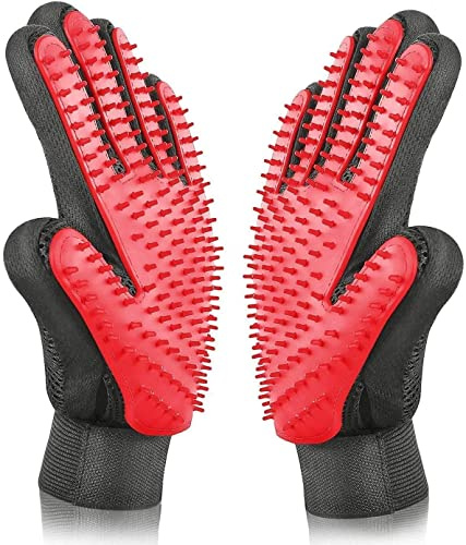 BYETOO Premium Fellpflege Handschuh Katze Hund,2.0 Version Katzenhandschuh Fellpflege für Kurzhaar und Langhaar,Haustier Fellpflegehandschuh,Haustier Bürsten Handschuh,Katzen-Zubehör,EIN Paar,Rot