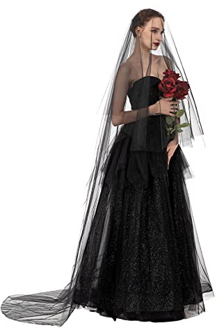 PAMOR Schwarzer Spitzenschleier, kreativer Kathedralen-Tüll, durchscheinend, für Hochzeit, Halloween, für Braut, mit handgenähtem Metallkamm, Schwarz lang, 85 inch