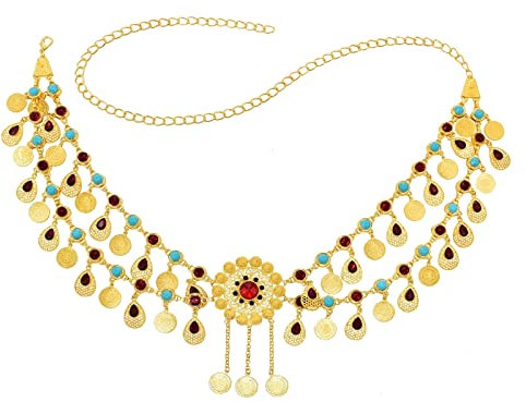 Whoiy Kettengürtel XXL, Kettengürtel Rot Legierung Vintage Münzquasten Taillenkette Runden Zirkonoxid Sommer Körperschmuck Zubehör für Frauen