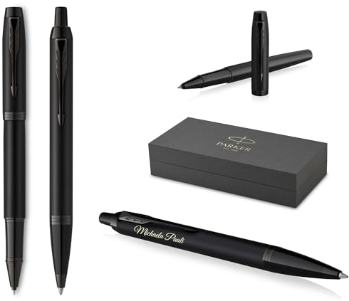 Parker Schreibset IM Professionals Achromatic Kugelschreiber und Tintenroller mit Gravur | Premium Stift | Geschenkbox | personalisiert | graviert | Jahrestag | Geburtstag (Matt-Schwarz)