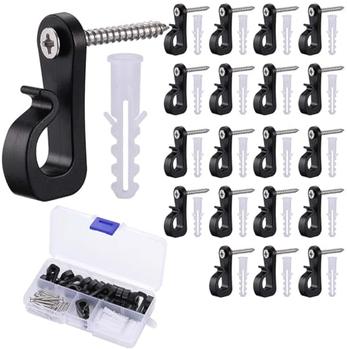 JIZZU 20 Stück Schraubhaken R Haken zum Schrauben, Wandhaken zum Schrauben Schwarz Einschraubhaken mit Sicherung zum Aufhängen Topfplanzen, Vogelhäuschen, Lichte Festkabel