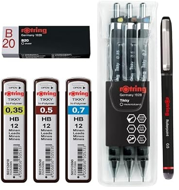 Rotring Tikky Druckbleistifte, Komplettset mit 3 Minen und Radiergummi und einem Tintenroller