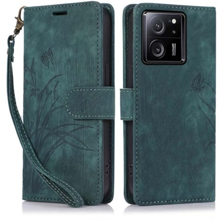 KQXG Hülle für Xiaomi 13T Pro/Xiaomi 13T - Stoßfeste Schutzhülle, Handyhülle aus Klapp Synthetik Leder mit Kartenfach, Weichem Silikon Innen, Ständer, Wallet Design, Magnetverschluss -Grün