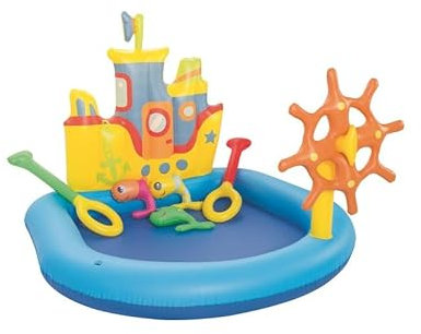 Avilia Piscina Gonfiabile a Forma di Nave con Pesci e Accessori 140x130x104cm - Ideale per Divertimento Bambini in Giardino o all'Aperto Grazie ai Giochi con Remi e Canna da Pesca - Resistente e 84L