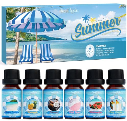 SoulOrigin Sommer ätherische Öle Set, Duftöl Geschenk Set für Öl Diffuser, Duftöle für Seifenkerze Herstellung 6x10ml Meeresbrise, Ananas, Wassermelone, Kokosnuss, rosa Strand und Pina Colada