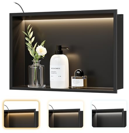 Neohomee Wandnische Dusche Edelstahl mit LED-Licht, Eingebettete Duschnische 45x30cm mit 3 Farben für Badezimmer Aufbewahrung und Dekoration, Mattschwarz