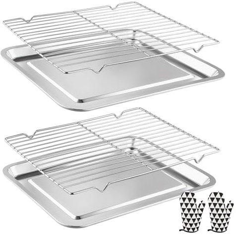 Mapille Teglia da Forno in Acciaio Inox, Teglie da Forno Rettangolari con Griglia di Raffreddamento e Guanti da Cucina, Set di Vassoio da Cuocere per Cottura, Barbecue, Scolare le Verdure, 40x30x2CM