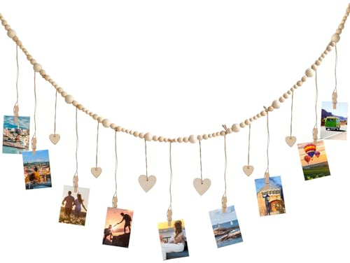 Photo à Suspendre, Accroche Photo Mural avec 9 Pince, Présentoir Photo à Suspendre avec Pinces En Bois, Installation Facile, pour Photos Décorations, Support pour Photos, Décoration Murale Bohème