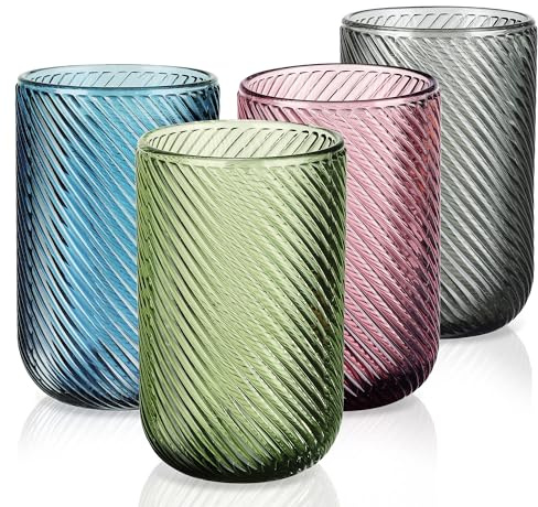 Joeyan 41cl Multicolore Bicchieri da Acqua in Vetro, Set di 4 Tumbler con Costolature Rilievo Per Acqua Gassata,Aperitivo,Succo di Frutta e Bibite, Lavabile in Lavastoviglie (Verde Rosa Blu Grigio)