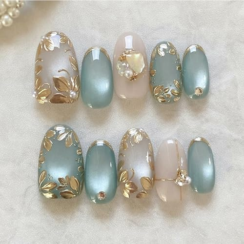 Viugex 24Pcs Œil de Chat Pailletés Faux Ongles Autocollants, French Amande Press on Nails avec Fleur 3D Perles et strass, Fait à la Main Capsules Ongles, Réutilisable Ongles à Coller pour Femme Fille
