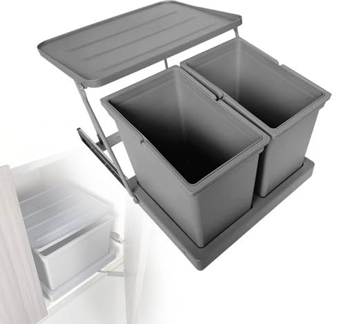 MBBTAG Poubelle de Tri Sélectif pour Cuisine Encastrable sous Évier Poubelle Coulissante Muni d'une Poignée Installation Fixe pour Meuble 50cm Cuve Intérieure Indépendante(37x24x32cm (Double Bucket))