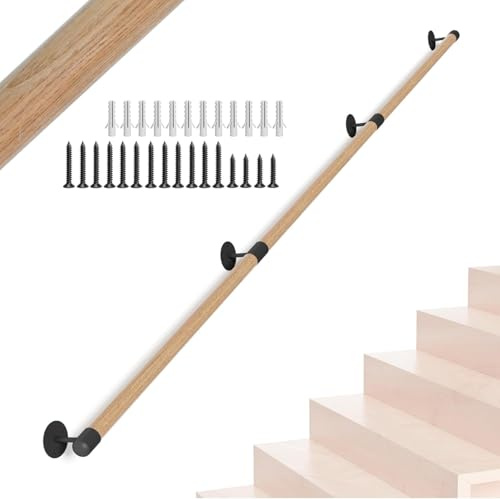 Rampe d'escalier ronde en bois de 240 cm - Rampe d'escalier d'intérieur - Support mural - Rampe d'escalier - Couloir antidérapant - Lofts - Garde-corps de sécurité pour personnes âgées, enfants