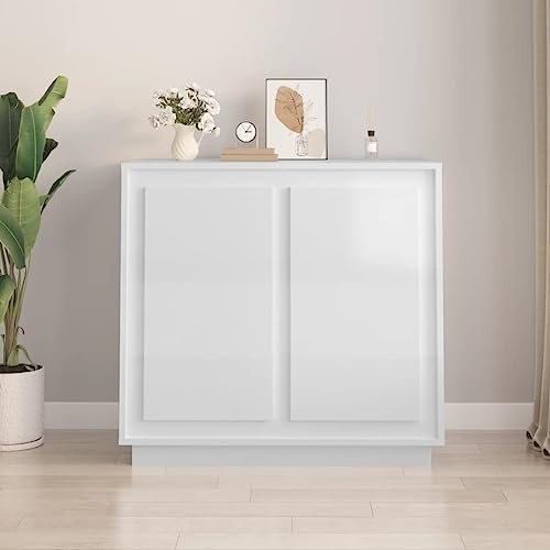 ULUYYUC Buffet Blanc Brillant 80 x 34 x 75 cm Bois d'ingénierie Robuste, Meuble de Rangement Cuisine avec 4 Compartiments et Portes coulissantes, Design épuré pour Salon Salle à Manger Bureau