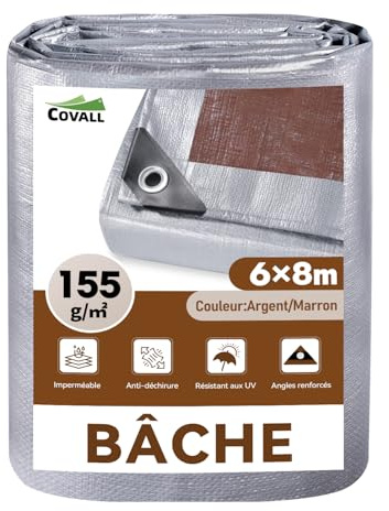 COVALL 6m x 8m Heavy Duty Tarpaulin, 155gsm Waterproof Camping Tarp | Camping Garden Roof Waterproof Tarp, UV Resistant Tear Proof with Reinforced Grommets (Silver/Brown)