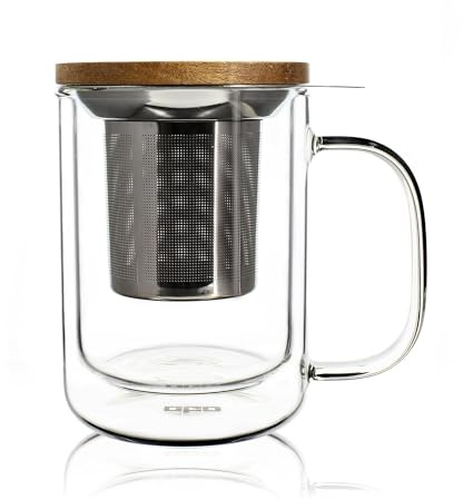 Ogo Living Ogo-Mug Kanne mit Teesieb und Deckel aus Bambus, durchsichtig, 390 ml