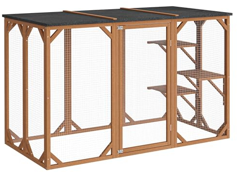 Wiltec Freilaufgehege Katzen 180 x 80 x 111,8 cm mit 3 Liegeflächen, wetterfestes Katzengehege Garten, Katzenhaus mit Drahtgitter und Bitumen Dach