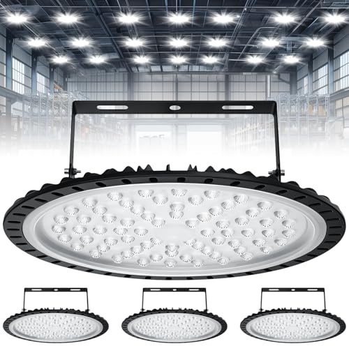 Viugreum 4 PACK UFO LED 300W, Foco LED de Exterior 300W, ​Lámpara de Alta Bahía 30000LM, Blanco Frío 6500K, Lámpara Industrial IP65 Impermeable,Campana Led Industrial para Garaje/Fábrica/Taller