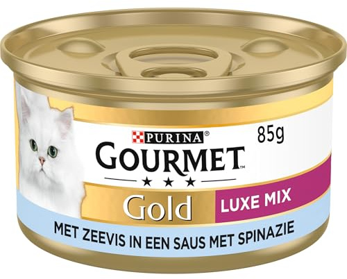 Gourmet Gold Luxe Mix - Cibo umido per gatti con pesce di mare in salsa con spinaci, 24 x 85 g, 24 lattine (2,04 kg)