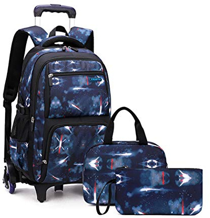 3Pcs Space Rolling Backpack for Boys with Lunch Bag, Wheel Trolley School Bag for Kids Backpack with Wheels