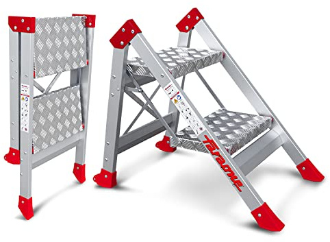 Faraone - Taburete Alto de Aluminio SGP02 - con 2 Peldaños - 102x57x15 cm - Plegable y Ligero - Ideal para Trabajos en Altura - Peso Soportado de 150 kg - Peldaños Antideslizantes