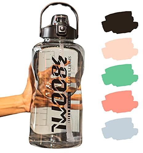 MJLING Sportflasche Auslaufsicher rutschfest 1-klick Verschluss, Geeignet Kohlensäure, Große Trinkflasche Mit Strohhalm 1.5l 2l 3.8l, Für Fitness Gym Heim Büro AngelnBlack-3800ML