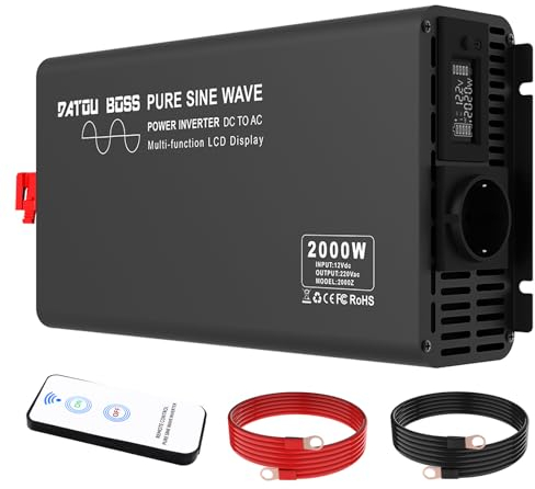 DATOUBOSS 2000W/4000W Wechselrichter 12V auf 230V Reiner Sinus Spannungswandler Inverter mit 1 EU-Stecker, LCD-Anzeige und Funkfernbedienung für LKW, Wohnmobil, Haus, Camping, Haushaltsgeräte