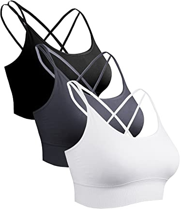 Sykooria Sport-BH dam, vadderad bustier, dambehå utan bygel, spagettiband, korsad rygg, design, push up bh, sportbh, topp för yoga, fitness, A-svart + vit + mörkgrå, XL
