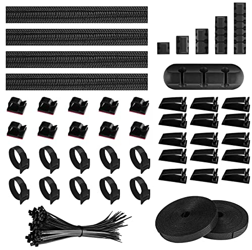 Relota 156 pièces kit de Gestion Câbles, 5 Clips Câble Adhésifs 4 Câble Gaine 35 Clips Câbles 100 Serre Câbles 2 rouleaux Ruban Auto-adhésif 10 Attaches Câble, pour Cable Management