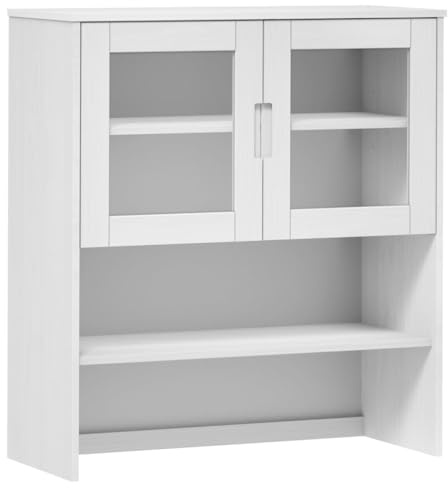 vidaXL Highboard Oberteil, Schrankaufsatz mit 3 Böden 2 Glastüren, Sideboardaufsatz mit UV-Lackierung, Aufsätze Sideboard Schrank, Weiß Massivholz Kiefer