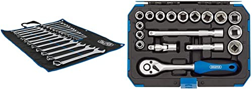 Draper 97918 Combination Spanner Set (25 Piece) & 16359 Metric Socket Set, 3/8 Square Drive, Blue, 18 Pcs