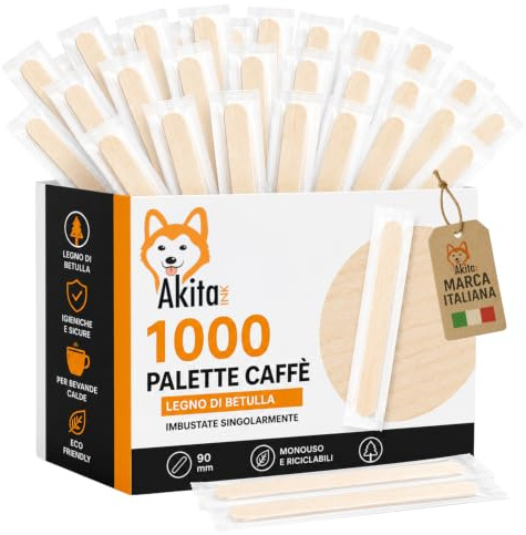 1000 Palette caffè monouso confezionate singolarmente, palettine in legno biodegradabili, compostabili e resistenti al calore, per Girare Zucchero Bevande e Caffe nei Bicchierini (1000 IMBUSTATE)
