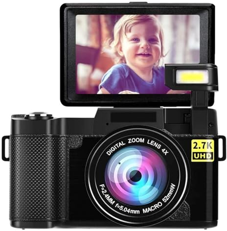 Reflex Digitale HD da 48 MP Con Zoom - Fotocamera per Vlogging Full HD 2,7K, Rotazione 180 Gradi, Schermo LCD 3,0 Pollici, Batteria 800 MAh