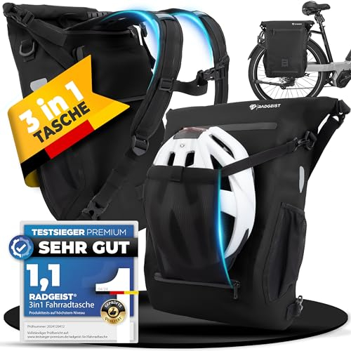 RADGEIST 3in1 Fahrradtasche für Gepäckträger I Gepäckträgertasche, Rucksack & Umhängetasche 18-22L I Tasche für Fahrrad 100% wasserdicht Schwarz