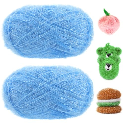 Uiopa Schwammgarn, 200g(2 x 100g, 2 x 200m) Glitzer Crochet Yarn, Flauschige Schwammwolle Garn zum Häkeln Stricken Spültücher Badeschwämme Dekoration DIY Crafts