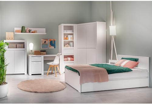 Lomadox Jugendzimmer Set weiß Bettgestell mit Bettschublade Eckkleiderschrank Regal Schreibtisch Wandboard Nachttisch Highboard Wandboard