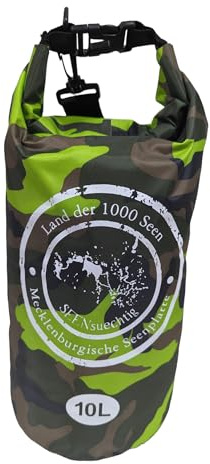 Dry Bag Trockensack Seesack 100% wasserdicht Packsack Tasche Beutel Wasssersport Kanu Kajak SUP Tauchen Schwimmen Baden Strand Angeln Campen wasserfest Schultergurt Drybag Grün Camouflage 10 Liter