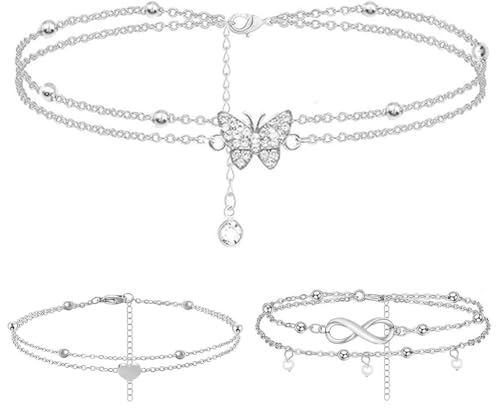 Aucuu Fußkettchen für Damen Herz, Fußkette Damen Edelstahl, Schmetterling Fußkettchen Damen, Verstellbare Fußkettchen, Mehrschichtige Fußkettchen, Fußschmuck für Frauen und Mädchen für Sommer Strand