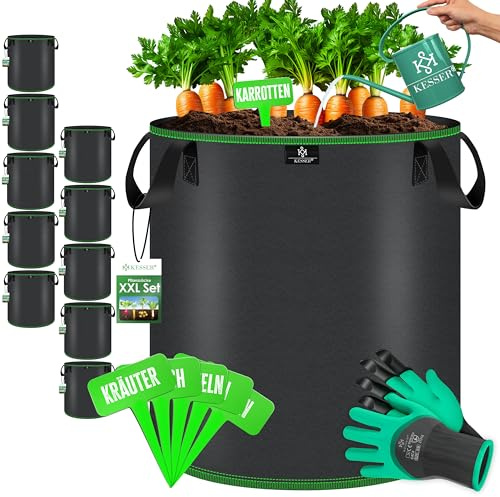 KESSER® Pflanzsack 27 Liter - 10er Set | Pflanzsäcke aus Vlies-Stoff inkl. Schildchen & Gartenhandschuhe | Kartoffel-Pflanztasche mit Fenster & Griffen | Pflanzbeutel für Gemüse Blumen Früchte Schwarz