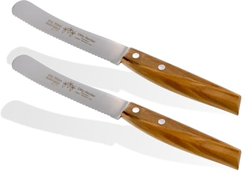 Otto Herder 2er Set Buckelsmesser Solingen mit Welle, Frühstücksmesser 22,2 cm,Brötchenmesser breite Klinge aus Edelstahl rostfrei, mit Griff aus Olivenholzholz