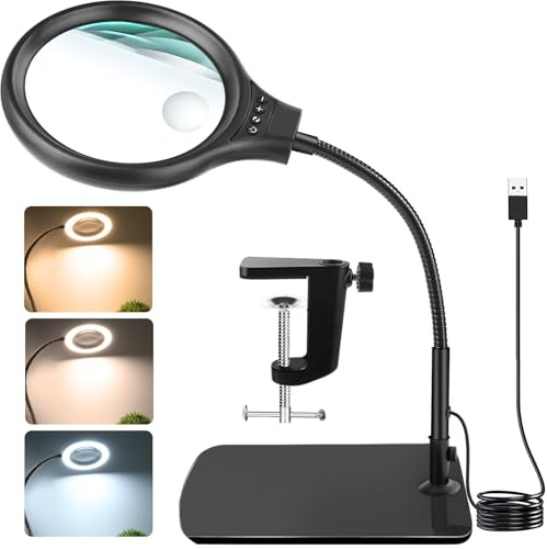 JUOIFIP 10X Lupe mit Licht und Ständer, 3 Farbmodi 10 Helligkeitsstufen, 2-in-1 Schreibtischlampe und Klemme, LED Beleuchtete Lupe mit Licht und Ständer, Leselupe für Senioren, Hobby Malerei