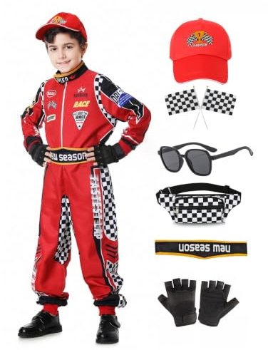 aicoaub Racerförare kostym pojkar racer jumpsuit med glas bältesväska, medaljhandskar, hatt, flagga för karneval cosplay