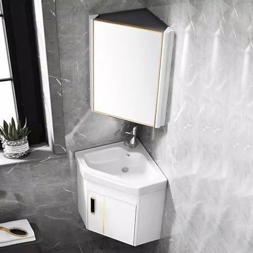 DYUNCZ Esquina Mueble Baño con Lavabo de Cerámica y Armario con Espejo, Conjunto Mueble Baño Suspendido, Esquina Lavabos Pequeños con Grifo y Desagüe, for Espacios Pequeños(Bianco,43cm/17)