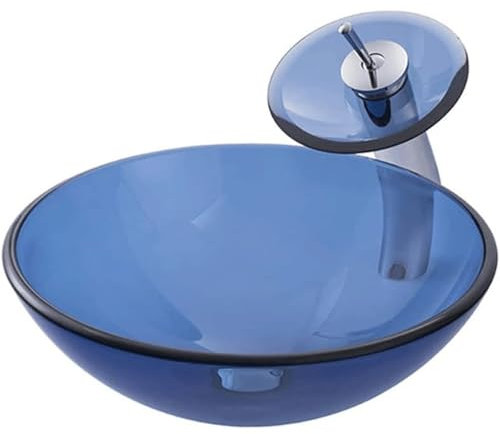 HSHTTKL Badezimmerwaschbecken aus gehärtetem Glas, rund, über der Arbeitsplatte, blaues Glaswaschbecken, schnelle Entwässerung, Arbeitsplattenwaschbecken