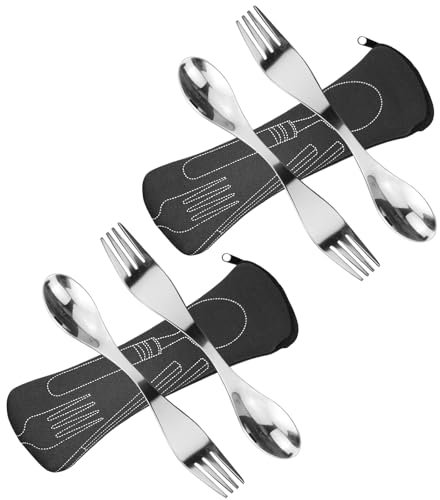 Sporks Réutilisables en Acier Inoxydable, 4pcs Couverts Portables Cuillère Fourchette Couverts de Camping Sac Pour Pique-nique en Plein air de Voyage (Noir)