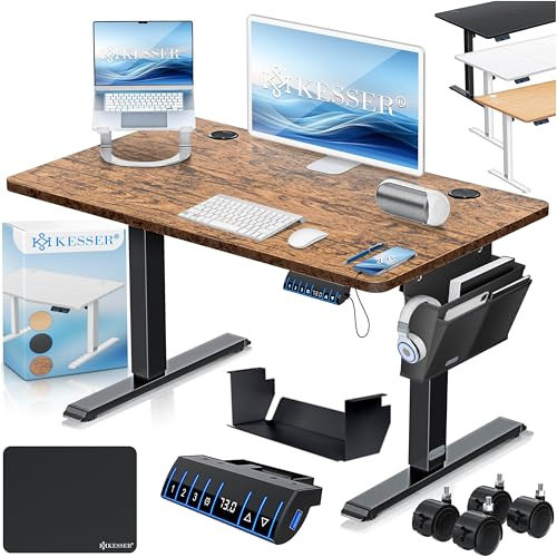 KESSER® Bureau électrique réglable en hauteur 100 cm x 60 cm | Bureau debout ergonomique | Commande mémoire à 3 fonctions | Avec roulettes à 360° et port de charge USB pour bureau à domicile