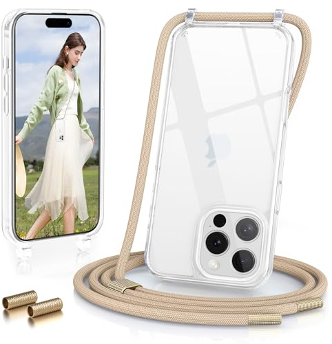 GOODVISH Handykette für iPhone 16 Pro Max Hülle mit Band, Helbraun | Kameraschutz und Bildschirmschutz, Transparent Necklace Handyhülle Schnur Schutzhülle für Umhängen Case mit Kordel 6.9