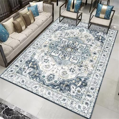 RUGMRZ Flickenteppich Waschbar Deko Terasse Staubdichter Blauer Pflanzendruck kleines florales Design traditioneller Teppich Multi-Size Teppich Rund Kinderzimmer 90X150CM